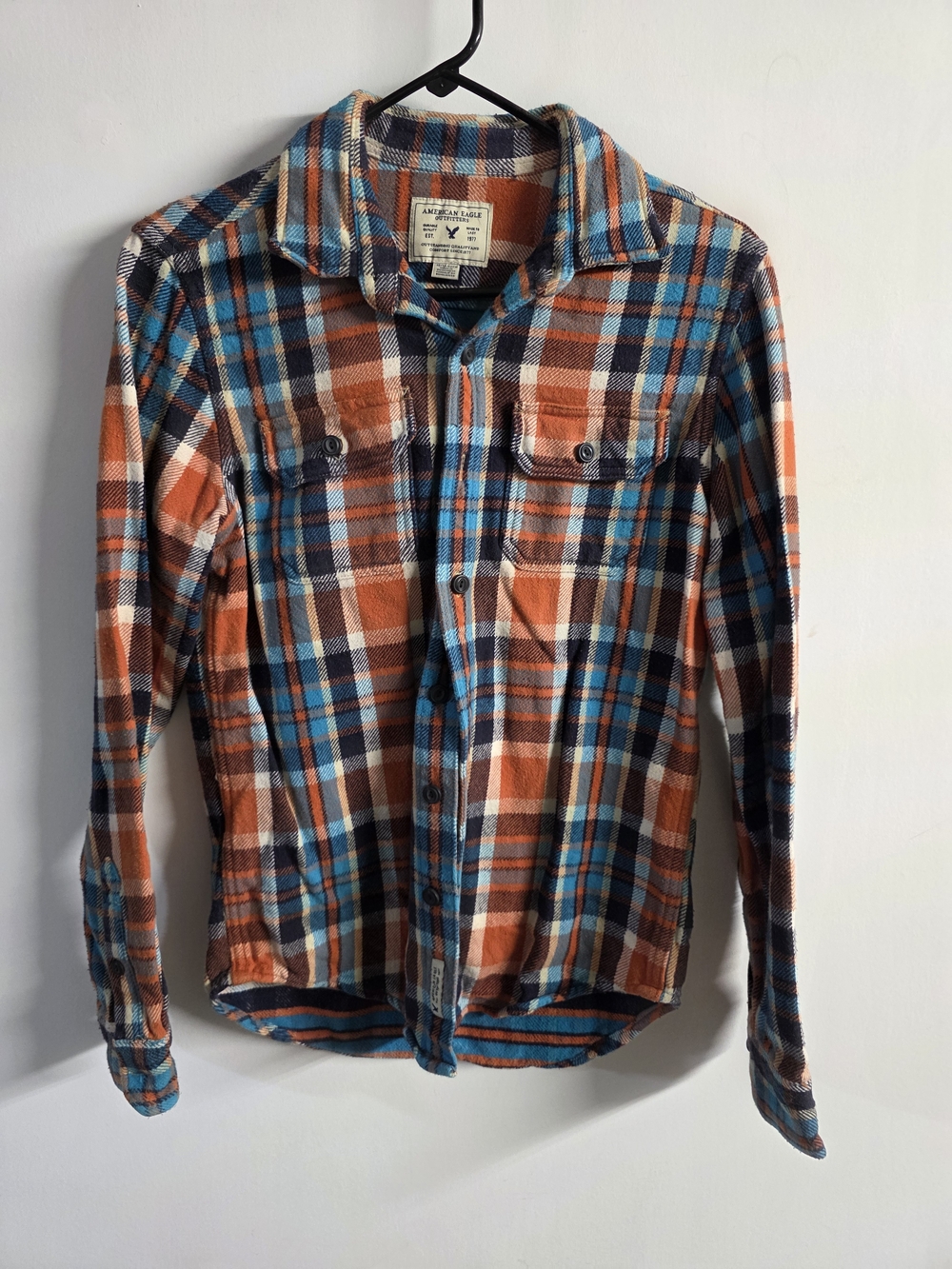 American Eagle Outfitters Orange, Blue & Brown Plaid Button-Down Shirt